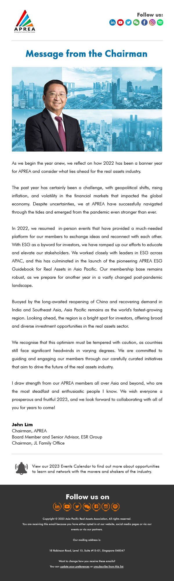 JAN 16 Message from the APREA Chairman